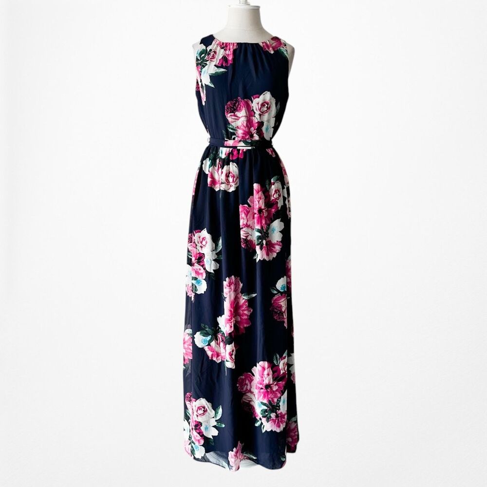 Vintage Y2K Sleeveless Navy Blue Pink Floral Flared Waist Tie Maxi Dress Size M - Picture 3 of 8